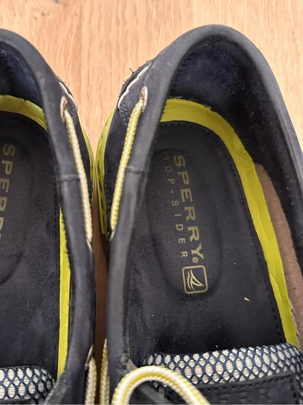 Sperry Navy Boat Shoes with Lime Green Accents
